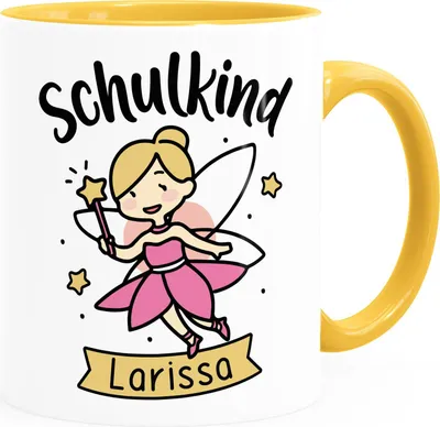 Produktbild von Kindertasse Schulkind Wunschname Geschenk zur Einschulung für Mädchen personalisiert SpecialMe® inner-gelb Keramik-Tasse