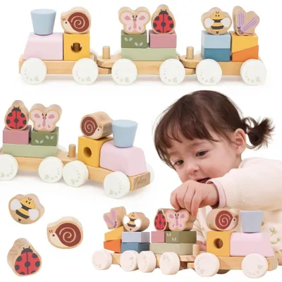 Image de VIGA Train éducatif de printemps en bois, 18 pièces