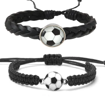 Produktbild von Fußball Armband 2er Set Leder und Stoff Schwarz Verstellbar, J0764S+L