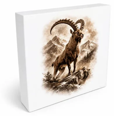 Produktbild von Wild and Free Steinbock Berge Holzbild in 20x20 cm zum Stellen oder Aufhängen