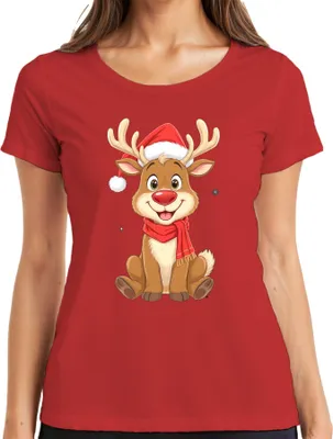 Produktbild von Weihnachtsrentier süß Kinder Cartoon Geschenk Winter Niedlich Damen T-Shirt, Rot, S