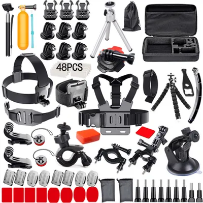 A collection of action camera accessories laid out on a white background.