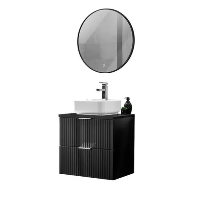 Produktbild von Waschplatz Set, 61cm breit, mit Aufsatzwaschbecken aus Keramik, gerillte Front, matt schwarz, ADELAIDE-56-BLACK, B/H/T ca. 60,6/200/46,5 cm