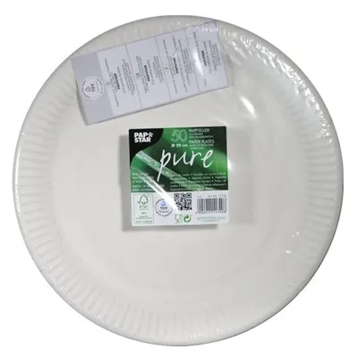 Zdjęcie produktu dla Papstar jednorazowe talerzyki papierowe Pure series okrągłe białe 29 cm 50 szt