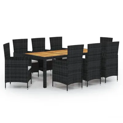 Produktbild von 9-tlg. Garten-Essgruppe mit Kissen Poly Rattan Schwarz