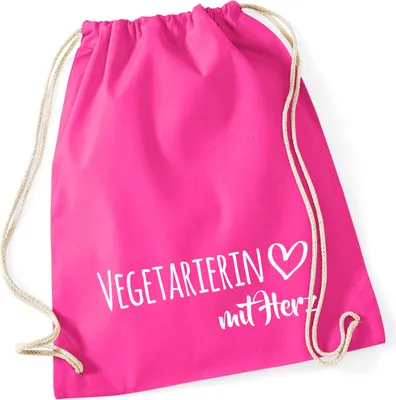 Produktbild von Huuraa Turnbeutel Vegetarierin mit Herz 12 Liter Fuchsia Baumwolle Rucksack Geschenkidee