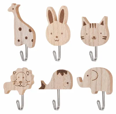 6 Holz-Wandhaken für Kinder, selbstklebend, Tiermotive