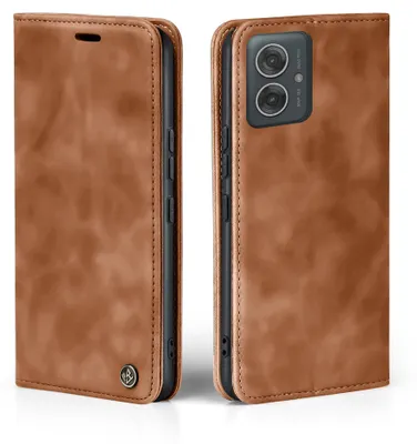 A brown leather flip case for a smartphone, shown from two angles.