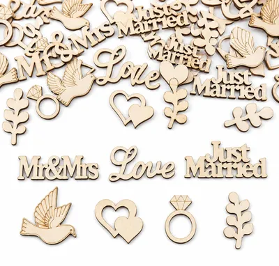 Productafbeelding van Houten confetti - Tekst "Net getrouwd" met hartjes - Tafeldecoratie - 100 stuks