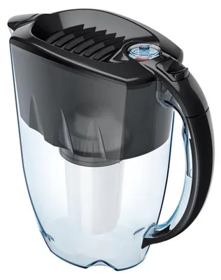 A black and transparent water filter pitcher with a white filter cartridge inside, shown from a three-quarter angle against a white background.