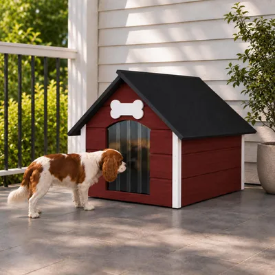 Image de Abri pour chien QLS, taille L, 81x68 cm, isolé, en bois, pour l'extérieur, rouge et blanc, modèle 9123, Image générée par une IA