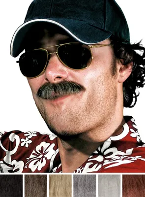 Close-up of a man wearing a baseball cap and sunglasses, with a prominent mustache, and a Hawaiian shirt.