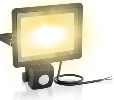 A black LED floodlight with a motion sensor is shown against a white background.