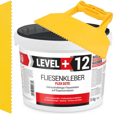 Obrázok produktu pre Sada bieleho disperzného lepidla na dlaždice 5 kg Level+12 a plastového tmelu na dlaždice s trojuholníkovým zubom 5 mm