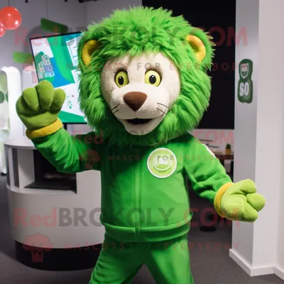 Produktbild von Grüne REDBROKOLY Löwe Maskottchen Kostüm figur bekleidet mit einem Button-Up-Hemd und Fäustlingen