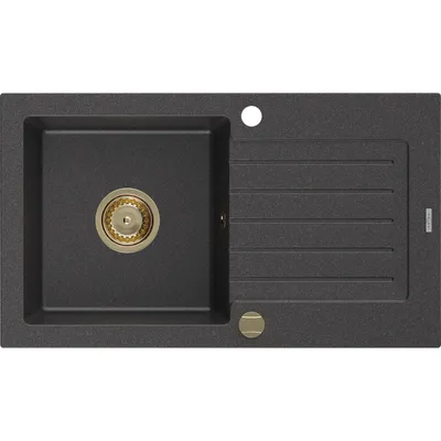 Obrázek produktu pro Mexen Pablo 1-miskový granitový dřez s odkapávačem 752 x 436 mm, Skvrnitá černá, sifon Zlatá - 6510751010-76-G