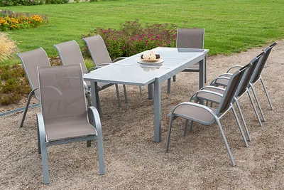 Produktbild von Merxx 9tlg. Amalfi Gartenmöbelset, taupe - 8 Sessel, 1 Tisch - Farbe: taupe - Maße: Sessel: 75x57x95 Tisch: 160/220x90x75; 8x 26310-325 + 1x 26452-219