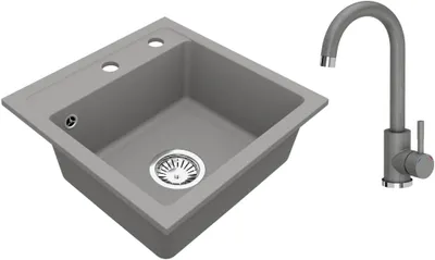 Produktbild von VBChome Granitspüle 44 x 44 cm Grau mit Armatur Einzelbecken Einbauspüle Gesprenkelt Pflegeleichtes Spülbecken mit Siphon Ideal für kleine Küchen