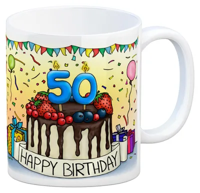 Produktbild von 50. Geburtstag Tasse mit Kuchen und Geschenk und Anhänger: zum 18263. Tag