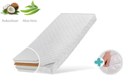 A mattress with a cutaway showing its layers, accompanied by icons and text indicating its features.