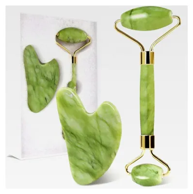Produktbild von Gua Sha Stein und Gesichts-Jade-Roller Set für die Gesichtsmassage - Reduziert Augenringe und unterstützt die Hautpflege-Routine - Grün