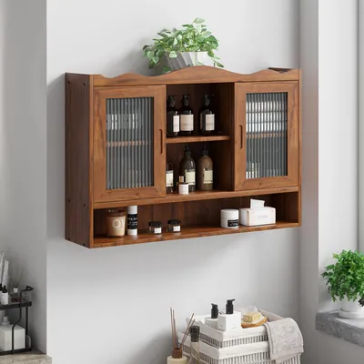 A wooden wall-mounted cabinet with sliding glass doors, filled with various bottles and containers, is displayed against a white wall.