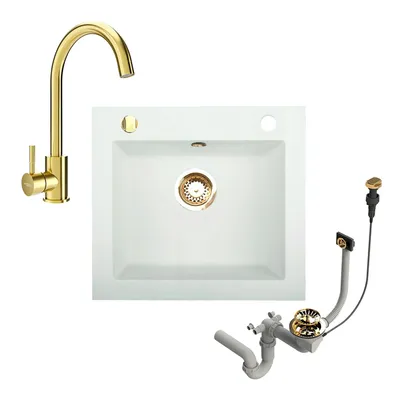 Produktbild von Granit Küchenspüle mit Armatur, Weiß Spülbecken Einbauspüle 48x44 cm, Spüle mit Gold Spülarmatur und Gold Siphon