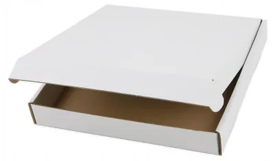 A white cardboard box with its lid partially open, shown from a slightly elevated angle against a white background.