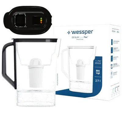 Zdjęcie produktu dla Dzbanek filtrujący wodę Wessper D3 SLIM FutureFlow™ o pojemności 2,7 litra, w kolorze czarnym, z wskaźnikiem wymiany filtra i wkładem filtrującym Aquaclassic