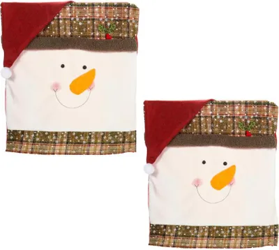Produktbild von Weihnachtsstuhlbezug, zwei weihnachtliche Stuhlhussen aus Flanellstoff und Vlies, Schneemann mit Weihnachtsmütze inkl. Karottennase, Knopfaugen und Mütze mit Bommel 2 Stuhlhussen