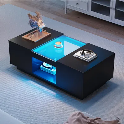 Immagine prodotto di Tavolino Sweiko nero 100x50x35,5 cm - con rivestimento in vetro, illuminazione LED, comando app, 2 cassetti e 1 vano a giorno