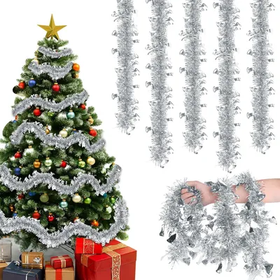 Produktbild von Lametta Weihnachtsgirlande mit kleinen Glocken, 8 x 2 m, silber, für Weihnachtsdekoration