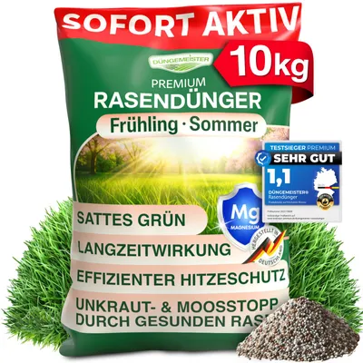 Produktbild von DÜNGEMEISTER Rasendünger für Ihren sattgrünsten Traumrasen - gesunder, dichter und sattgrüner Rasen sofort mit revolutionärer KI Formel - Langzeit NPK/Organisch Frühjahr/Sommer (10 kg)
