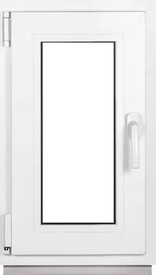 A white PVC window with a clear glass pane and a white handle.