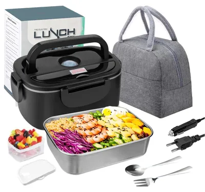 Image de Boîte à lunch électrique 2 en 1 - Boîte à repas isotherme réchauffante - 1,5 L - Contenant en acier inoxydable amovible - 12V, 24V, 110V, 220V pour voiture, camion, maison, bureau - Noir