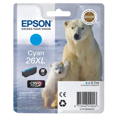 Produktbild von Epson Polar bear Singlepack Cyan 26XL Claria Premium Ink, Cyan, 9,7 ml, 1 Stück(e), Einzelpackung