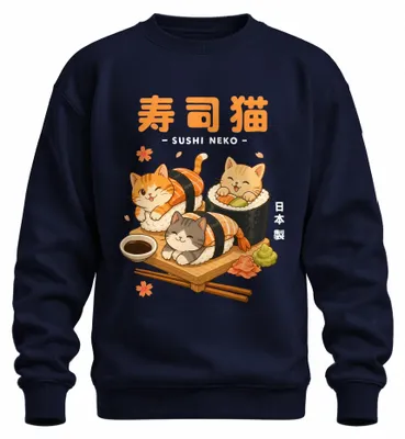 Zdjęcie produktu dla Bluza z kapturem "Sushi Neko Kawaii", motyw: japońska animacja, kotek, łosoś, styl Y2K, kolor: granatowy, rozmiar: XL