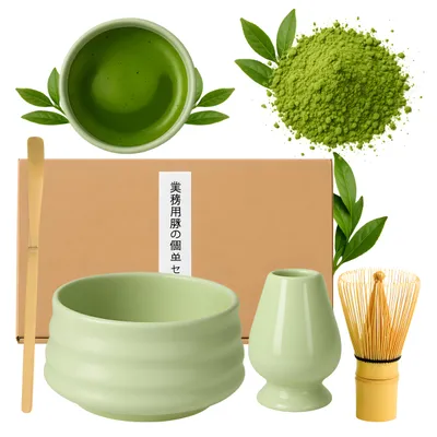 Immagine prodotto di Set Matcha in Vetroceramica 4 pezzi – Ciotola Matcha – Frusta di bambù – Supporto – Cucchiaio di bambù – Verde