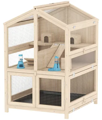Obrázok produktu pre Klietka pre škrečka z dreva, 3 poschodia s rampami | Farba: prírodná | Rozmery: 61,5 x 68 x 90 cm