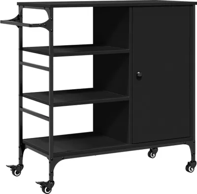 A black kitchen cart with shelves and a cabinet, shown from a front-diagonal angle.