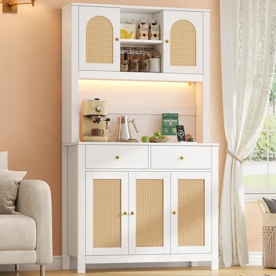 Produktbild von Flieks Küchenschrank mit LED-Beleuchtung, Steckdosen, Vorratsschrank mit 5 Rattantüren, 2 Schubladen, Hochschrank für Wohnzimmer, Esszimmer, Weiß