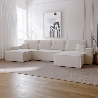 Produktbild von Ecksofa U Form mit Schlaffunktion Bergamo - Eckcouch 375 cm mit Bettkasten, Schlafsofa U Creme (Anthology 1)