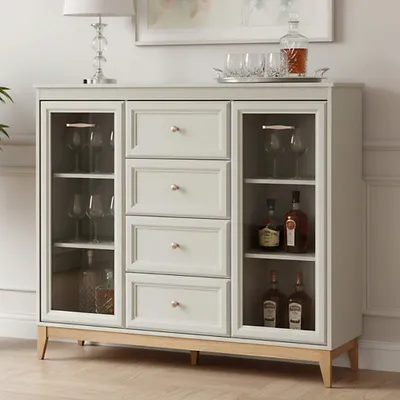 Produktbild von Belmy Vitrine 123 cm beige Kaschmir VIENNA – klassische Glasvitrine mit 2 Türen, 1 Schublade, Eichenfüße, Soft-Close