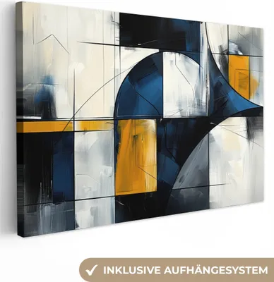 Produktbild von MuchoWow® - Leinwandbilder - Abstrakt - Formen - Gold - Blau - Geometrisch, Wandbild, Wanddeko Bilder Wohnzimmer, 120x80 cm