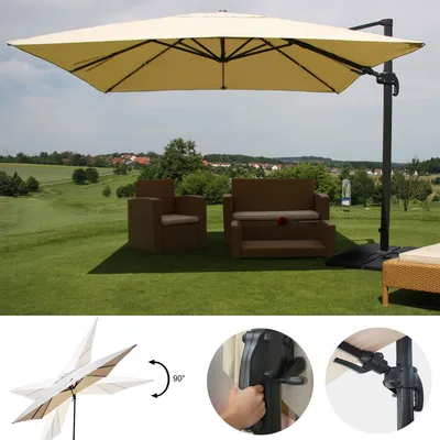 Zdjęcie produktu dla Parasol gastronomiczny HWC-A96, 3x3m (Ø4,24m) obrotowy, poliester aluminium/stal 23kg ~ kremowy ze stojakiem, obrotowy