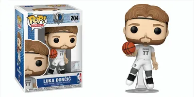 A Funko Pop! figure of basketball player Luka Doncic in his Dallas Mavericks uniform, shown both in its packaging and displayed on its own.