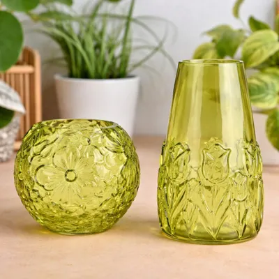 Produktbild von Blumenvasen Set, Glas in Grün mit Blumen-Muster