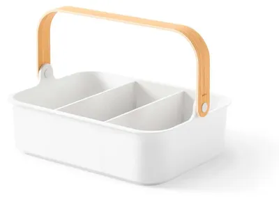Organizer-Box mit Trennwänden, Holzgriff, 28x17 cm, weiß