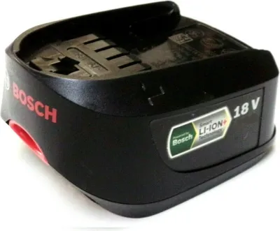 A black Bosch 18V Li-Ion battery pack with red accents.