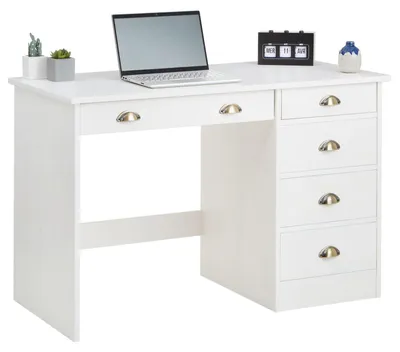Produktbild von Schreibtisch LANA mit 5 Schubladen, Weiß - Bürotisch aus Massivholz im Landhausstil, klassisches Design, Bürotisch mit Muschelgriffen